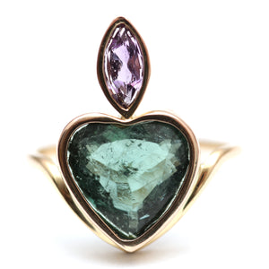 14k Teal Tourmaline Flaming Heart Ring