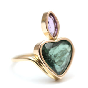 14k Teal Tourmaline Flaming Heart Ring