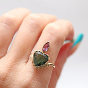 14k Teal Tourmaline Flaming Heart Ring