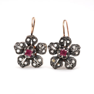 Victorian Diamond Ruby Flower Earrings